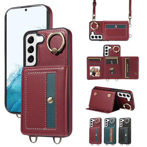 nancencen Hülle für Samsung Galaxy S22 Handyhülle mit Band, Anti-Fingerabdruck Silikon Schutzhülle 360 Grad Drehring, Kartenfach, Zum Umhängen Leder Stoßfestes Case, WeinRot nancencen Hülle für Samsung Galaxy S22 Handyhülle mit Band, Anti-Fingerabdruck Silikon Schutzhülle 360 Grad Drehring, Kartenfach, Zum Umhängen Leder Stoßfestes Case, WeinRot von nancencen