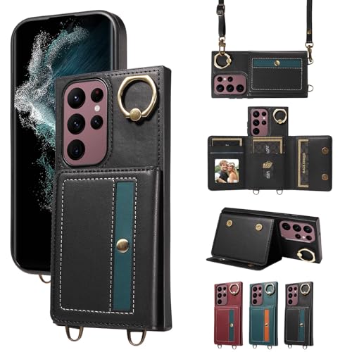nancencen Hülle für Samsung Galaxy S22 Ultra Handyhülle mit Band, Anti-Fingerabdruck Silikon Schutzhülle 360 Grad Drehring, Kartenfach, Zum Umhängen Leder Stoßfestes Case, Schwarz von nancencen