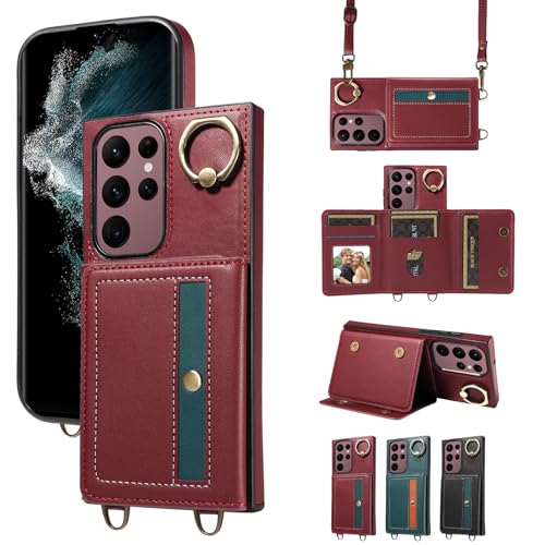 nancencen Hülle für Samsung Galaxy S22 Ultra Handyhülle mit Band, Anti-Fingerabdruck Silikon Schutzhülle 360 Grad Drehring, Kartenfach, Zum Umhängen Leder Stoßfestes Case, WeinRot nancencen Hülle für Samsung Galaxy S22 Ultra Handyhülle mit Band, Anti-Fingerabdruck Silikon Schutzhülle 360 Grad Drehring, Kartenfach, Zum Umhängen Leder Stoßfestes Case, WeinRot von nancencen