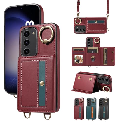 nancencen Hülle für Samsung Galaxy S23 Handyhülle mit Band, Anti-Fingerabdruck Silikon Schutzhülle 360 Grad Drehring, Kartenfach, Zum Umhängen Leder Stoßfestes Case, WeinRot von nancencen