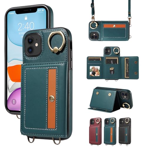nancencen Hülle für iPhone 11 (6.1") Handyhülle mit Band, Anti-Fingerabdruck Silikon Schutzhülle 360 Grad Drehring, Kartenfach, Zum Umhängen Leder Stoßfestes Case, Blau von nancencen