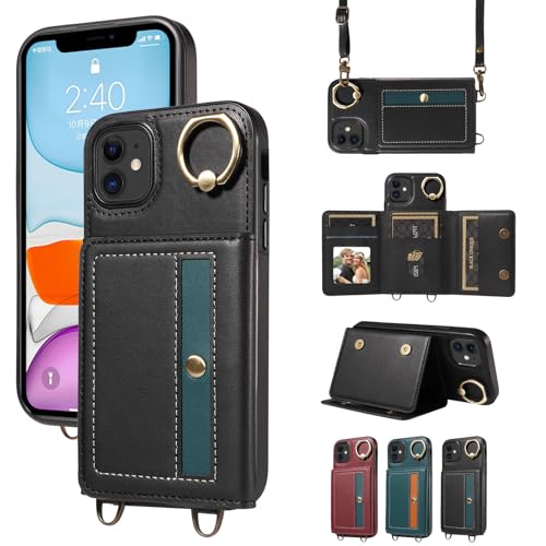 nancencen Hülle für iPhone 11 (6.1") Handyhülle mit Band, Anti-Fingerabdruck Silikon Schutzhülle 360 Grad Drehring, Kartenfach, Zum Umhängen Leder Stoßfestes Case, Schwarz von nancencen