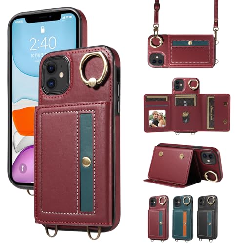nancencen Hülle für iPhone 11 (6.1") Handyhülle mit Band, Anti-Fingerabdruck Silikon Schutzhülle 360 Grad Drehring, Kartenfach, Zum Umhängen Leder Stoßfestes Case, WeinRot von nancencen