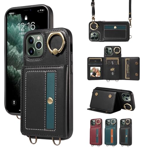 nancencen Hülle für iPhone 11 Pro (5.8") Handyhülle mit Band, Anti-Fingerabdruck Silikon Schutzhülle 360 Grad Drehring, Kartenfach, Zum Umhängen Leder Stoßfestes Case, Schwarz von nancencen