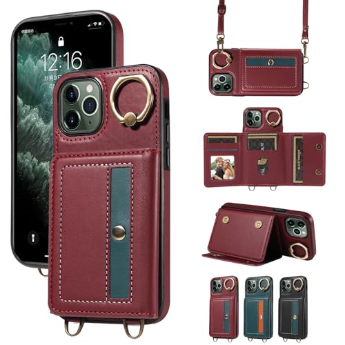 nancencen Hülle für iPhone 11 Pro (5.8") Handyhülle mit Band, Anti-Fingerabdruck Silikon Schutzhülle 360 Grad Drehring, Kartenfach, Zum Umhängen Leder Stoßfestes Case, WeinRot von nancencen