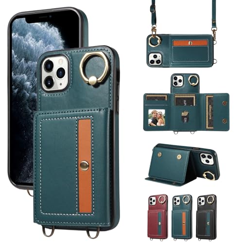 nancencen Hülle für iPhone 11 Pro Max (6.5") Handyhülle mit Band, Anti-Fingerabdruck Silikon Schutzhülle 360 Grad Drehring, Kartenfach, Zum Umhängen Leder Stoßfestes Case, Blau von nancencen