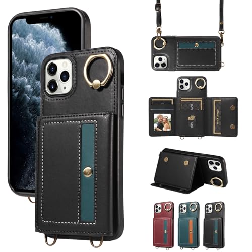 nancencen Hülle für iPhone 11 Pro Max (6.5") Handyhülle mit Band, Anti-Fingerabdruck Silikon Schutzhülle 360 Grad Drehring, Kartenfach, Zum Umhängen Leder Stoßfestes Case, Schwarz von nancencen