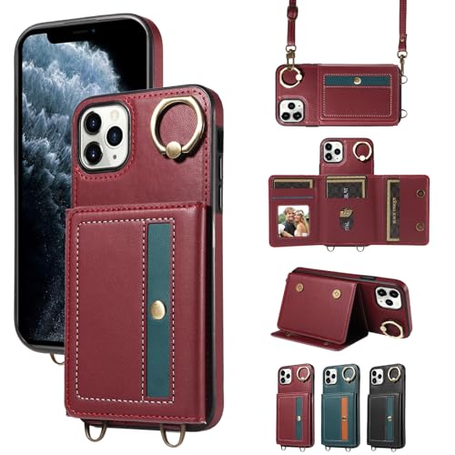 nancencen Hülle für iPhone 11 Pro Max (6.5") Handyhülle mit Band, Anti-Fingerabdruck Silikon Schutzhülle 360 Grad Drehring, Kartenfach, Zum Umhängen Leder Stoßfestes Case, WeinRot von nancencen