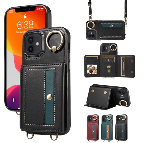 nancencen Hülle für iPhone 12 / iPhone 12 Pro (6.1") Handyhülle mit Band, Anti-Fingerabdruck Silikon Schutzhülle 360 Grad Drehring, Kartenfach, Zum Umhängen Leder Stoßfestes Case, Schwarz von nancencen