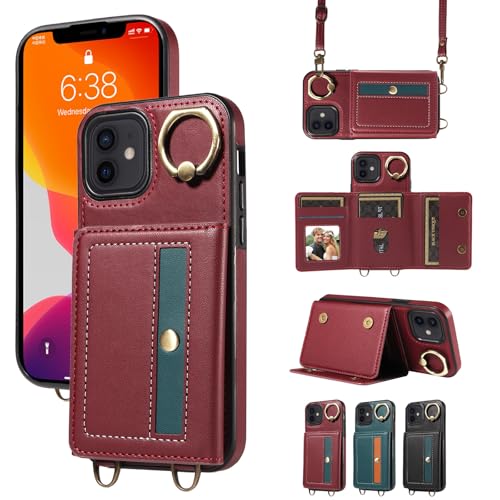 nancencen Hülle für iPhone 12 / iPhone 12 Pro (6.1") Handyhülle mit Band, Anti-Fingerabdruck Silikon Schutzhülle 360 Grad Drehring, Kartenfach, Zum Umhängen Leder Stoßfestes Case, WeinRot von nancencen