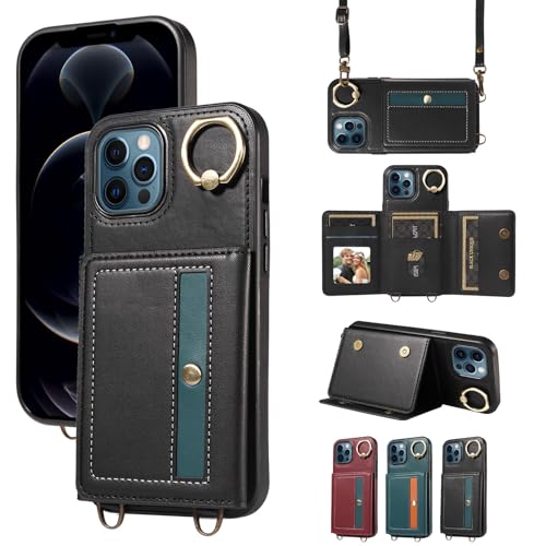 nancencen Hülle für iPhone 12 Pro Max (6.7") Handyhülle mit Band, Anti-Fingerabdruck Silikon Schutzhülle 360 Grad Drehring, Kartenfach, Zum Umhängen Leder Stoßfestes Case, Schwarz von nancencen