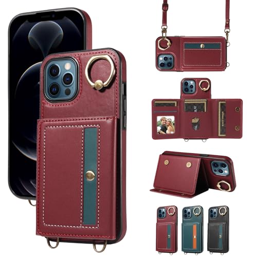 nancencen Hülle für iPhone 12 Pro Max (6.7") Handyhülle mit Band, Anti-Fingerabdruck Silikon Schutzhülle 360 Grad Drehring, Kartenfach, Zum Umhängen Leder Stoßfestes Case, WeinRot von nancencen