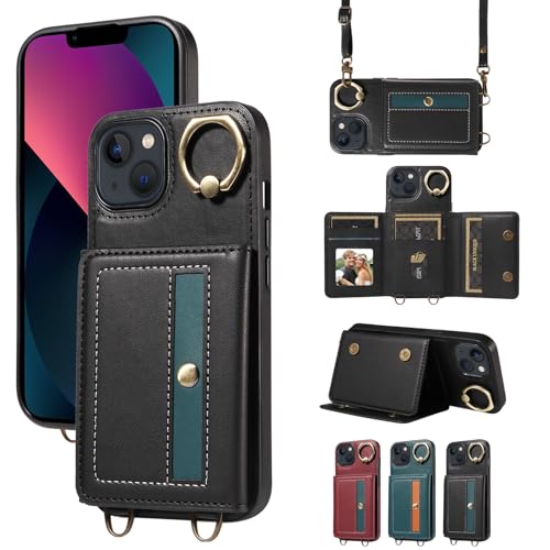 nancencen Hülle für iPhone 13 (6.1") Handyhülle mit Band, Anti-Fingerabdruck Silikon Schutzhülle 360 Grad Drehring, Kartenfach, Zum Umhängen Leder Stoßfestes Case, Schwarz von nancencen
