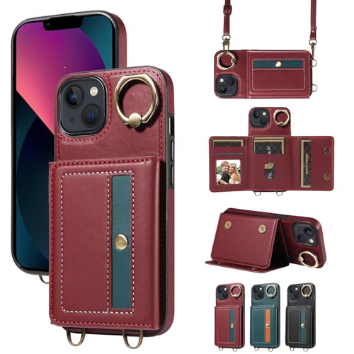nancencen Hülle für iPhone 13 (6.1") Handyhülle mit Band, Anti-Fingerabdruck Silikon Schutzhülle 360 Grad Drehring, Kartenfach, Zum Umhängen Leder Stoßfestes Case, WeinRot von nancencen