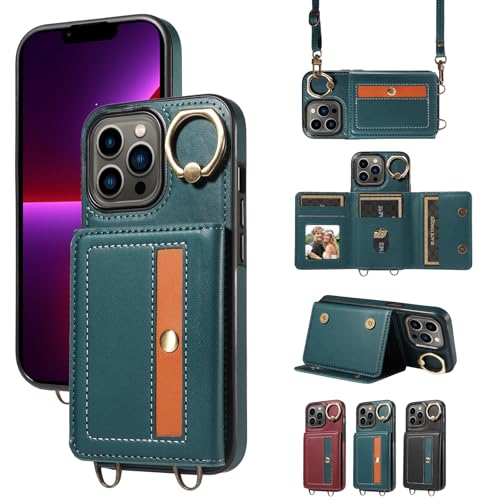 nancencen Hülle für iPhone 13 Pro (6.1") Handyhülle mit Band, Anti-Fingerabdruck Silikon Schutzhülle 360 Grad Drehring, Kartenfach, Zum Umhängen Leder Stoßfestes Case, Blau von nancencen
