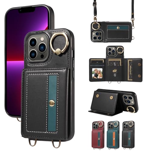 nancencen Hülle für iPhone 13 Pro (6.1") Handyhülle mit Band, Anti-Fingerabdruck Silikon Schutzhülle 360 Grad Drehring, Kartenfach, Zum Umhängen Leder Stoßfestes Case, Schwarz von nancencen