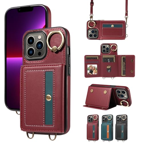 nancencen Hülle für iPhone 13 Pro (6.1") Handyhülle mit Band, Anti-Fingerabdruck Silikon Schutzhülle 360 Grad Drehring, Kartenfach, Zum Umhängen Leder Stoßfestes Case, WeinRot von nancencen