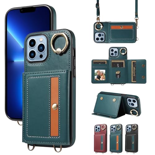 nancencen Hülle für iPhone 13 Pro Max (6.7") Handyhülle mit Band, Anti-Fingerabdruck Silikon Schutzhülle 360 Grad Drehring, Kartenfach, Zum Umhängen Leder Stoßfestes Case, Blau von nancencen