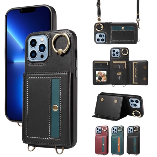 nancencen Hülle für iPhone 13 Pro Max (6.7") Handyhülle mit Band, Anti-Fingerabdruck Silikon Schutzhülle 360 Grad Drehring, Kartenfach, Zum Umhängen Leder Stoßfestes Case, Schwarz von nancencen