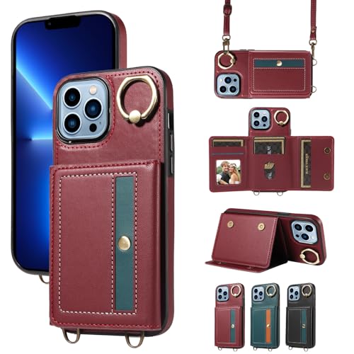 nancencen Hülle für iPhone 13 Pro Max (6.7") Handyhülle mit Band, Anti-Fingerabdruck Silikon Schutzhülle 360 Grad Drehring, Kartenfach, Zum Umhängen Leder Stoßfestes Case, WeinRot von nancencen