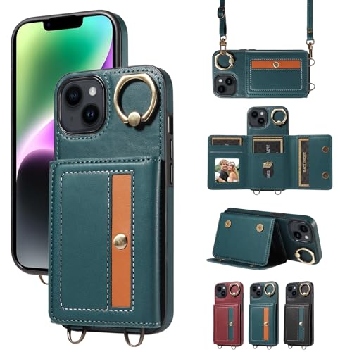 nancencen Hülle für iPhone 14 (6.1") Handyhülle mit Band, Anti-Fingerabdruck Silikon Schutzhülle 360 Grad Drehring, Kartenfach, Zum Umhängen Leder Stoßfestes Case, Blau von nancencen