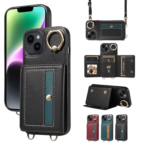 nancencen Hülle für iPhone 14 (6.1") Handyhülle mit Band, Anti-Fingerabdruck Silikon Schutzhülle 360 Grad Drehring, Kartenfach, Zum Umhängen Leder Stoßfestes Case, Schwarz von nancencen