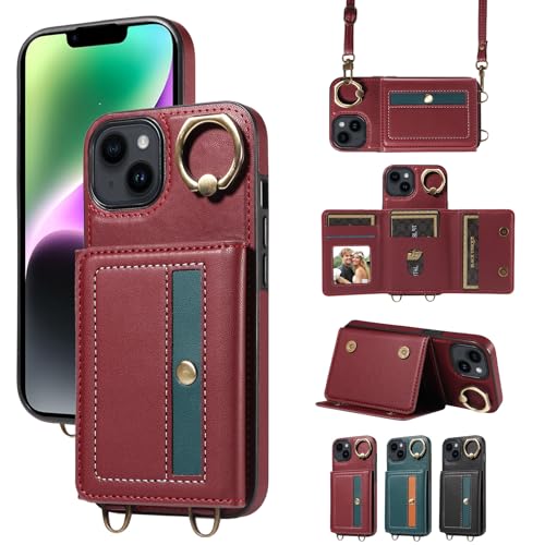 nancencen Hülle für iPhone 14 (6.1") Handyhülle mit Band, Anti-Fingerabdruck Silikon Schutzhülle 360 Grad Drehring, Kartenfach, Zum Umhängen Leder Stoßfestes Case, WeinRot von nancencen