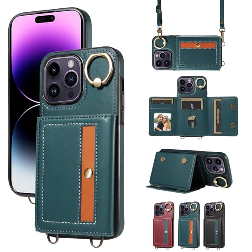 nancencen Hülle für iPhone 14 Pro Max (6.7") Handyhülle mit Band, Anti-Fingerabdruck Silikon Schutzhülle 360 Grad Drehring, Kartenfach, Zum Umhängen Leder Stoßfestes Case, Blau von nancencen
