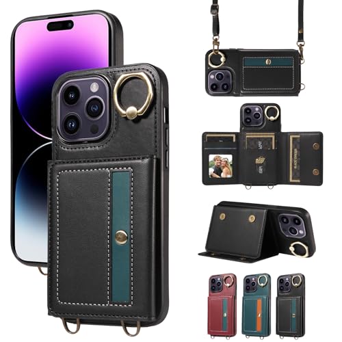 nancencen Hülle für iPhone 14 Pro Max (6.7") Handyhülle mit Band, Anti-Fingerabdruck Silikon Schutzhülle 360 Grad Drehring, Kartenfach, Zum Umhängen Leder Stoßfestes Case, Schwarz von nancencen