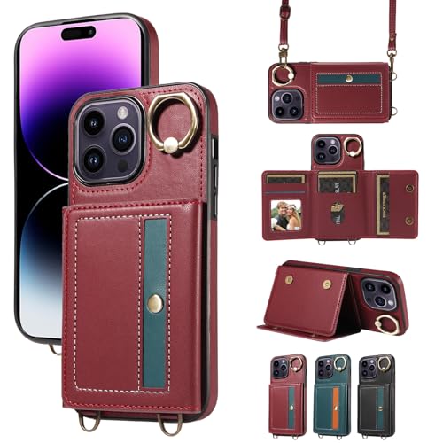 nancencen Hülle für iPhone 14 Pro Max (6.7") Handyhülle mit Band, Anti-Fingerabdruck Silikon Schutzhülle 360 Grad Drehring, Kartenfach, Zum Umhängen Leder Stoßfestes Case, WeinRot von nancencen