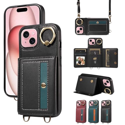 nancencen Hülle für iPhone 15 (6.1") Handyhülle mit Band, Anti-Fingerabdruck Silikon Schutzhülle 360 Grad Drehring, Kartenfach, Zum Umhängen Leder Stoßfestes Case, Schwarz von nancencen