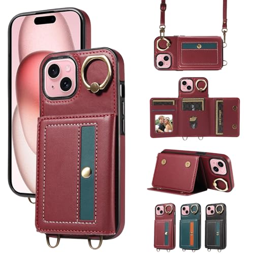 nancencen Hülle für iPhone 15 (6.1") Handyhülle mit Band, Anti-Fingerabdruck Silikon Schutzhülle 360 Grad Drehring, Kartenfach, Zum Umhängen Leder Stoßfestes Case, WeinRot von nancencen
