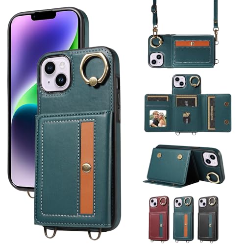 nancencen Hülle für iPhone 15 Plus (6.7") Handyhülle mit Band, Anti-Fingerabdruck Silikon Schutzhülle 360 Grad Drehring, Kartenfach, Zum Umhängen Leder Stoßfestes Case, Blau von nancencen