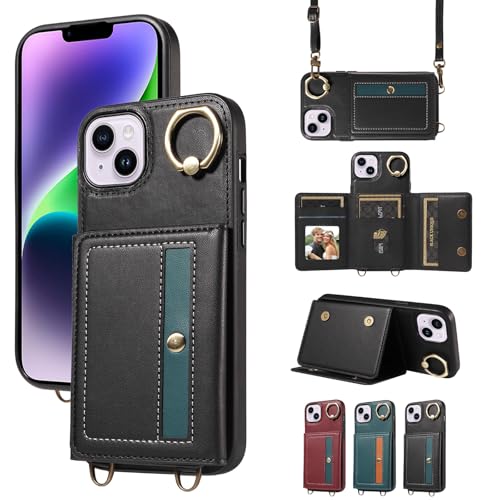 nancencen Hülle für iPhone 15 Plus (6.7") Handyhülle mit Band, Anti-Fingerabdruck Silikon Schutzhülle 360 Grad Drehring, Kartenfach, Zum Umhängen Leder Stoßfestes Case, Schwarz von nancencen