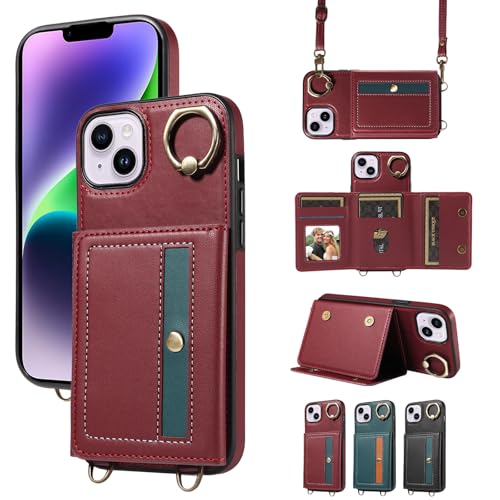nancencen Hülle für iPhone 15 Plus (6.7") Handyhülle mit Band, Anti-Fingerabdruck Silikon Schutzhülle 360 Grad Drehring, Kartenfach, Zum Umhängen Leder Stoßfestes Case, WeinRot von nancencen