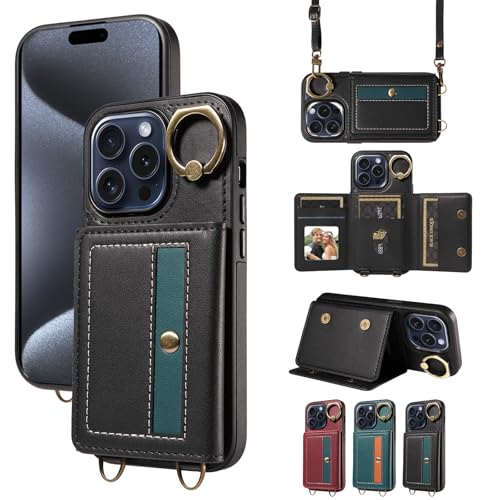 nancencen Hülle für iPhone 15 Pro (6.1") Handyhülle mit Band, Anti-Fingerabdruck Silikon Schutzhülle 360 Grad Drehring, Kartenfach, Zum Umhängen Leder Stoßfestes Case, Schwarz von nancencen