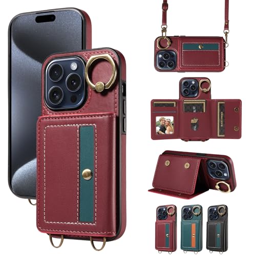 nancencen Hülle für iPhone 15 Pro (6.1") Handyhülle mit Band, Anti-Fingerabdruck Silikon Schutzhülle 360 Grad Drehring, Kartenfach, Zum Umhängen Leder Stoßfestes Case, WeinRot von nancencen