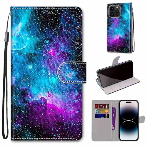nancencen Hülle für iPhone 15 Pro 6.1",[Premium PU Leder] [3 Kartenfach] Kratzfeste Wallet Etui Klapphülle,Galaxis von nancencen