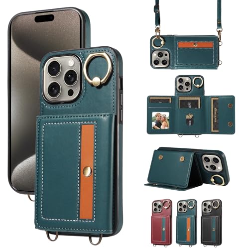 nancencen Hülle für iPhone 15 Pro Max (6.7") Handyhülle mit Band, Anti-Fingerabdruck Silikon Schutzhülle 360 Grad Drehring, Kartenfach, Zum Umhängen Leder Stoßfestes Case, Blau von nancencen