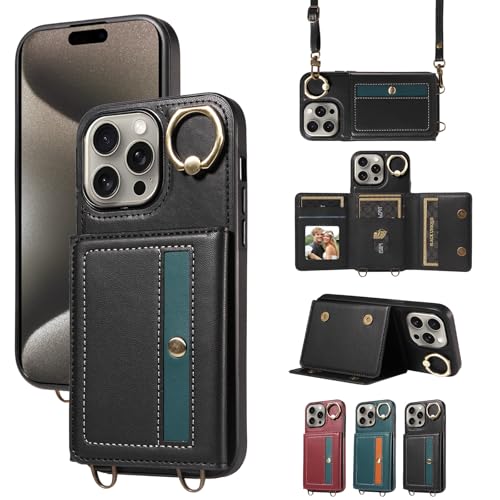 nancencen Hülle für iPhone 15 Pro Max (6.7") Handyhülle mit Band, Anti-Fingerabdruck Silikon Schutzhülle 360 Grad Drehring, Kartenfach, Zum Umhängen Leder Stoßfestes Case, Schwarz von nancencen