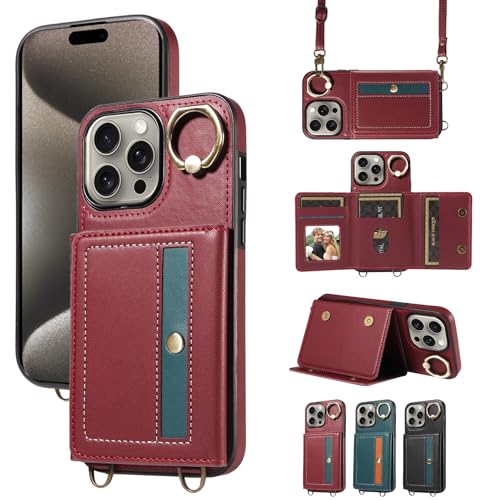 nancencen Hülle für iPhone 15 Pro Max (6.7") Handyhülle mit Band, Anti-Fingerabdruck Silikon Schutzhülle 360 Grad Drehring, Kartenfach, Zum Umhängen Leder Stoßfestes Case, WeinRot von nancencen