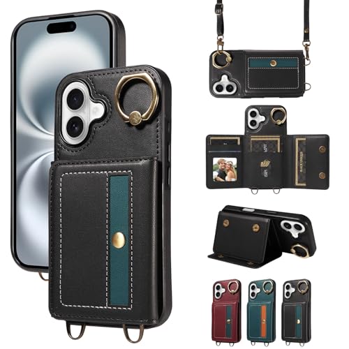 nancencen Hülle für iPhone 16 (6.1") Handyhülle mit Band, Anti-Fingerabdruck Silikon Schutzhülle 360 Grad Drehring, Kartenfach, Zum Umhängen Leder Stoßfestes Case, Schwarz von nancencen