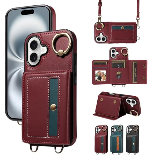 nancencen Hülle für iPhone 16 (6.1") Handyhülle mit Band, Anti-Fingerabdruck Silikon Schutzhülle 360 Grad Drehring, Kartenfach, Zum Umhängen Leder Stoßfestes Case, WeinRot von nancencen