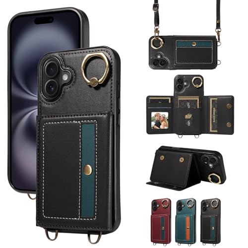 nancencen Hülle für iPhone 16 Plus (6.7") Handyhülle mit Band, Anti-Fingerabdruck Silikon Schutzhülle 360 Grad Drehring, Kartenfach, Zum Umhängen Leder Stoßfestes Case, Schwarz von nancencen