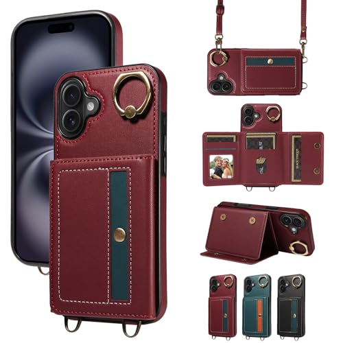 nancencen Hülle für iPhone 16 Plus (6.7") Handyhülle mit Band, Anti-Fingerabdruck Silikon Schutzhülle 360 Grad Drehring, Kartenfach, Zum Umhängen Leder Stoßfestes Case, WeinRot von nancencen