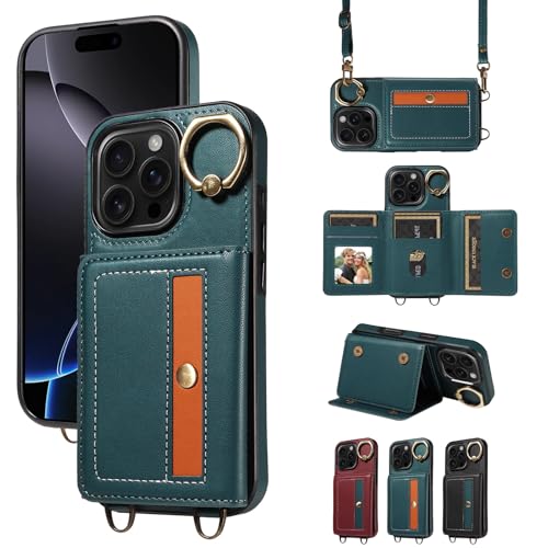 nancencen Hülle für iPhone 16 Pro (6.1") Handyhülle mit Band, Anti-Fingerabdruck Silikon Schutzhülle 360 Grad Drehring, Kartenfach, Zum Umhängen Leder Stoßfestes Case, Blau von nancencen
