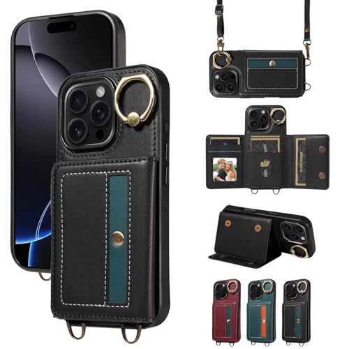 nancencen Hülle für iPhone 16 Pro (6.1") Handyhülle mit Band, Anti-Fingerabdruck Silikon Schutzhülle 360 Grad Drehring, Kartenfach, Zum Umhängen Leder Stoßfestes Case, Schwarz von nancencen