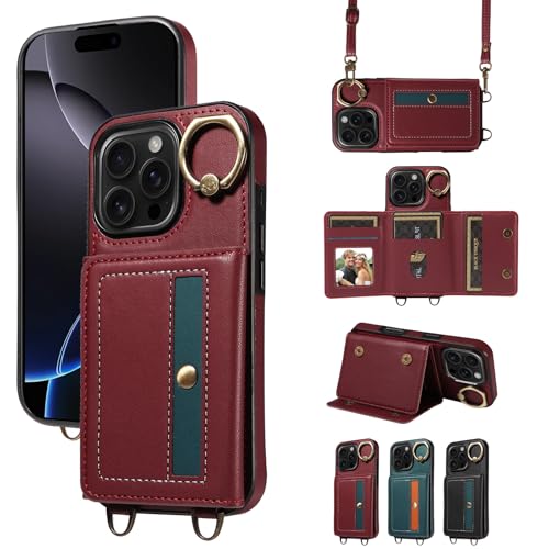 nancencen Hülle für iPhone 16 Pro (6.1") Handyhülle mit Band, Anti-Fingerabdruck Silikon Schutzhülle 360 Grad Drehring, Kartenfach, Zum Umhängen Leder Stoßfestes Case, WeinRot von nancencen