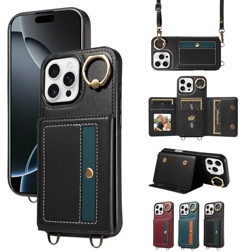 nancencen Hülle für iPhone 16 Pro Max (6.7") Handyhülle mit Band, Anti-Fingerabdruck Silikon Schutzhülle 360 Grad Drehring, Kartenfach, Zum Umhängen Leder Stoßfestes Case, Schwarz von nancencen