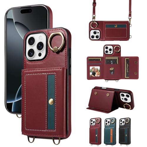 nancencen Hülle für iPhone 16 Pro Max (6.7") Handyhülle mit Band, Anti-Fingerabdruck Silikon Schutzhülle 360 Grad Drehring, Kartenfach, Zum Umhängen Leder Stoßfestes Case, WeinRot von nancencen